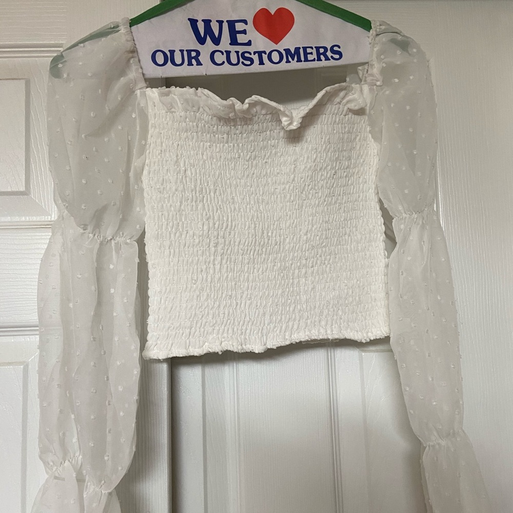 White crop blouse with sheer wide sleeves